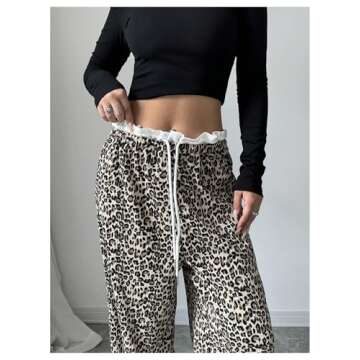 MakeMeChic Women's Leopard Print Pants Lettuce Trim Drawstring Waist Wide Leg Baggy Streetwear Long Trousers Multicolor Medium