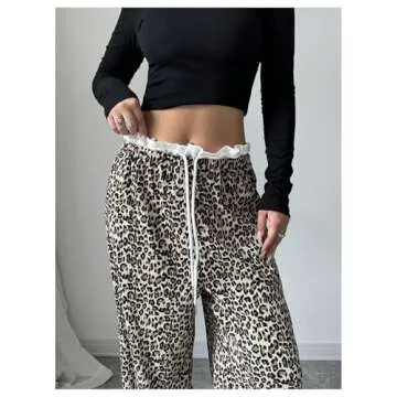 MakeMeChic Women's Leopard Print Pants Lettuce Trim Drawstring Waist Wide Leg Baggy Streetwear Long Trousers Multicolor Medium