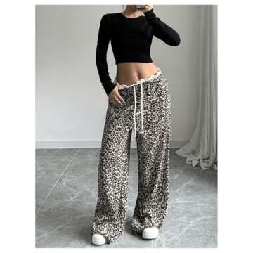 MakeMeChic Women's Leopard Print Pants Lettuce Trim Drawstring Waist Wide Leg Baggy Streetwear Long Trousers Multicolor Medium