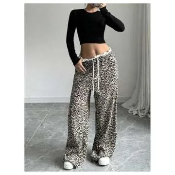 MakeMeChic Women's Leopard Print Pants Lettuce Trim Drawstring Waist Wide Leg Baggy Streetwear Long Trousers Multicolor Medium