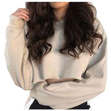 Artfish Women's Crewneck Long Sleeve Casual Cropped Sweatshirt Tan Beige