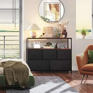 WLIVE Dresser TV Stand, Entertainment Center with Fabric Drawers, Media Console Table with Open Shelves for TV up to 45 inch, Storage Drawer Unit for Bedroom, Entryway, Black and Rustic Brown