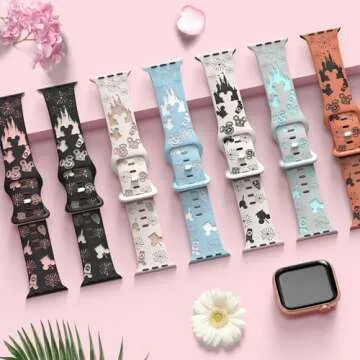 Cartoon Engraved Band Compatible with Apple Watch Bands 40mm 38mm 44mm 45mm 41mm 42mm 49mm Women, Two-Tone Cute Soft Silicone Sport Strap for iWatch Series 10/9/8/SE/7/6/5/4/3/2/1