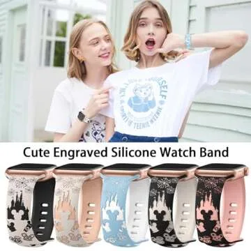 Cartoon Engraved Band Compatible with Apple Watch Bands 40mm 38mm 44mm 45mm 41mm 42mm 49mm Women, Two-Tone Cute Soft Silicone Sport Strap for iWatch Series 10/9/8/SE/7/6/5/4/3/2/1