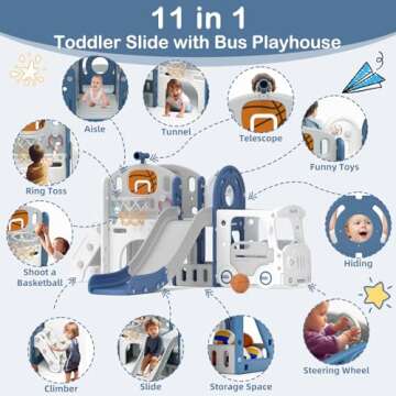 Glaf 10 in 1 Toddler Slide Outdoor Playset Kids Slide Freestanding Slides with Bus Playhouse Telesco...