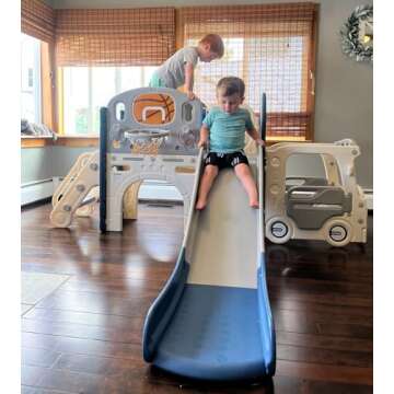 Glaf 10 in 1 Toddler Slide Outdoor Playset Kids Slide Freestanding Slides with Bus Playhouse Telescope Basketball Hoop Ring Toss and Ball Indoor Playground for Kids Age 1+ Years (Blue)
