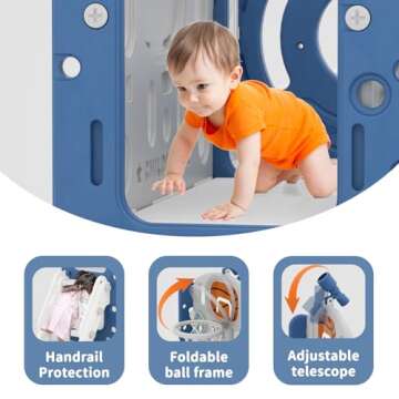 Glaf 10 in 1 Toddler Slide Outdoor Playset Kids Slide Freestanding Slides with Bus Playhouse Telescope Basketball Hoop Ring Toss and Ball Indoor Playground for Kids Age 1+ Years (Blue)