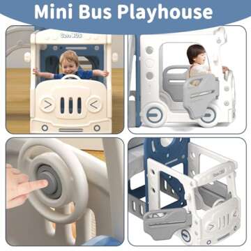Glaf 10 in 1 Toddler Slide Outdoor Playset Kids Slide Freestanding Slides with Bus Playhouse Telescope Basketball Hoop Ring Toss and Ball Indoor Playground for Kids Age 1+ Years (Blue)