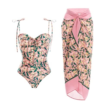 One Piece Swimsuit for Women with Cover Ups - Halter Floral Vintage Design - 2PCS Push Up Bikini Set