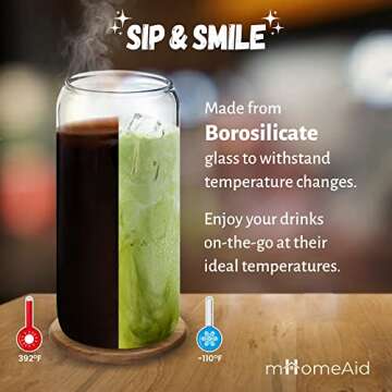 16oz Glass Tumblers with Bamboo Lids & Straws, Set of 4 - Reusable for Iced Coffee, Beer, Smoothies