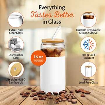 16oz Glass Tumblers with Bamboo Lids & Straws, Set of 4 - Reusable for Iced Coffee, Beer, Smoothies