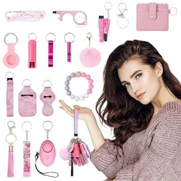 AMIR Safety Keychain Set for Women, Wristlet Strap Keychain with Personal Alarm and Pom Pom Accessor...