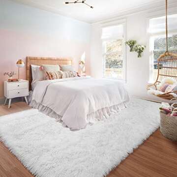 RUGTUDER White Soft Area Rug for Bedroom,8x10,Fluffy Rugs,Big Rug,Shag Carpet Living Room,Furry Rugs Girls Boys Room,Shaggy Kids Baby Room,Fuzzy Dorm Nursery Room,Non-Slip 8 Feet x 10