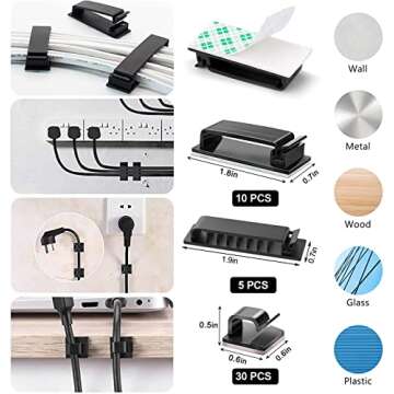 181pcs Cable Management Kits, 100 Fastening Cable Ties with 4 Wire Organizer Sleeve, 10pcs and 2 Roll Self Adhesive Ties 35 Wire Clips, 10+15 Desktop Cable Holder for TV Office Home Electronics