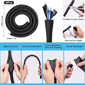 181pcs Cable Management Kits, 100 Fastening Cable Ties with 4 Wire Organizer Sleeve, 10pcs and 2 Roll Self Adhesive Ties 35 Wire Clips, 10+15 Desktop Cable Holder for TV Office Home Electronics
