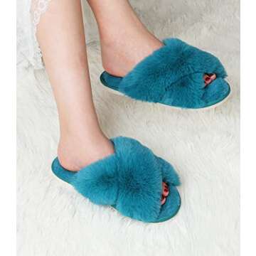 Ankis Women Green Fuzzy Fluffy Slippers Soft Cozy Plush Fuzzy Slippers Memory Foam Slipper Fluffy Furry Open Toe Fuzzy Slippers Bedroom Comfy Cross Band Slippers for Womens House Indoor Size 7 8