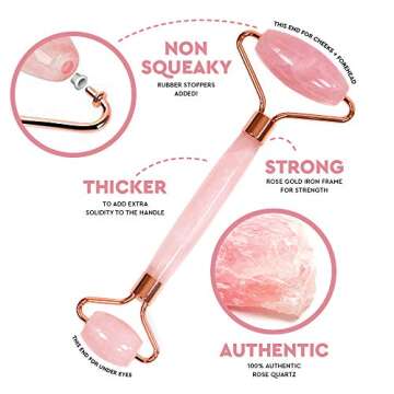 Jade Face Roller - Jade Roller for Face & Gua Sha Face Massager, 100% Natural Rose Quartz Roller – Face, Eye & Neck Rejuvenation Beauty Tools; Hand-Crafted with Squeak-Free Padding