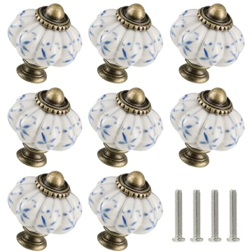 Zernmiarder Ivory & Blue Ceramic Knobs 12 Pack - Pumpkin Cabinet Knobs Retro Dresser Knobs - Vintage...