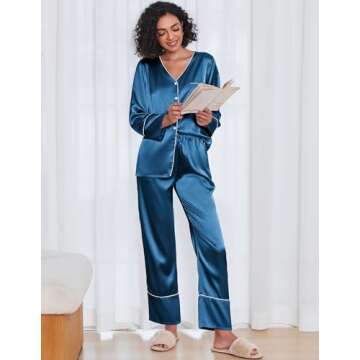 Ekouaer Silk Satin Pajamas 2 Piece Long Sleeve V Neck Shirt with Pants Pj Sets Silky Sleepwear Loung...