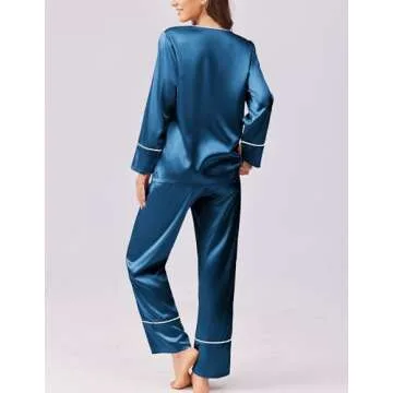 Ekouaer Silk Satin Pajamas 2 Piece Long Sleeve V Neck Shirt with Pants Pj Sets Silky Sleepwear Loungewear for Women Blue Green M