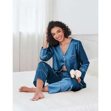 Ekouaer Silk Satin Pajamas 2 Piece Long Sleeve V Neck Shirt with Pants Pj Sets Silky Sleepwear Loungewear for Women Blue Green M