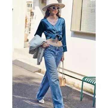 Ekouaer Silk Satin Pajamas 2 Piece Long Sleeve V Neck Shirt with Pants Pj Sets Silky Sleepwear Loungewear for Women Blue Green M