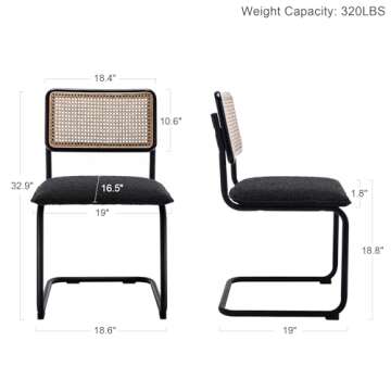 ONEVOG Boucle Dining Chair Set of 2, Modern Upholstered Cane Chairs with Natural Rattan Back & Tubul...