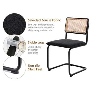 ONEVOG Boucle Dining Chair Set of 2, Modern Upholstered Cane Chairs with Natural Rattan Back & Tubular Metal Frame, Comfortable Accent Chairs for Dining Room/Kitchen/Living Room, Black