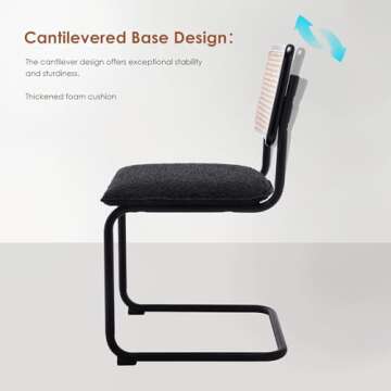 ONEVOG Boucle Dining Chair Set of 2, Modern Upholstered Cane Chairs with Natural Rattan Back & Tubular Metal Frame, Comfortable Accent Chairs for Dining Room/Kitchen/Living Room, Black