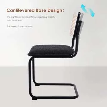 ONEVOG Boucle Dining Chair Set of 2, Modern Upholstered Cane Chairs with Natural Rattan Back & Tubular Metal Frame, Comfortable Accent Chairs for Dining Room/Kitchen/Living Room, Black