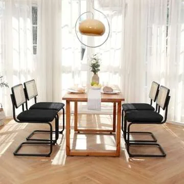 ONEVOG Boucle Dining Chair Set of 2, Modern Upholstered Cane Chairs with Natural Rattan Back & Tubular Metal Frame, Comfortable Accent Chairs for Dining Room/Kitchen/Living Room, Black