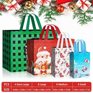 24 Pack Christmas Gift Bags Assorted Sizes with Handle, Reusable Tote Gift Bags Includes 4 Extra Lar...