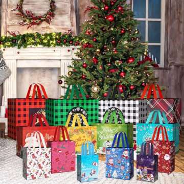 24 Pack Christmas Gift Bags Assorted Sizes with Handle, Reusable Tote Gift Bags Includes 4 Extra Large, 8 Large, 8 Medium, 4 Small, Non-Woven Christmas Bags for Gifts Xmas Party Holiday Favors