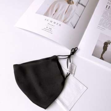 ROSEWARD 100% Mulberry Silk Black Face Mask Reusable Washable Adjustable with Filter Pocket