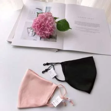 ROSEWARD 100% Mulberry Silk Black Face Mask Reusable Washable Adjustable with Filter Pocket