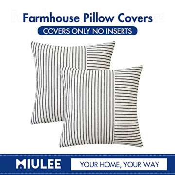 MIULEE Black and Beige Patchwork Farmhouse Pillow Covers 18x18 Inch, Pack of 2 Striped Linen Decorative Modern Accent Pillow Cases for Sofa Couch Bedroom