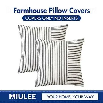 MIULEE Black and Beige Patchwork Farmhouse Pillow Covers 18x18 Inch, Pack of 2 Striped Linen Decorative Modern Accent Pillow Cases for Sofa Couch Bedroom