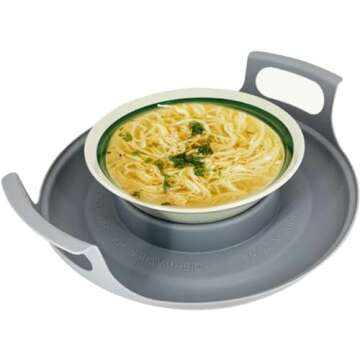 Microwave cool plate and spillover caddy with handles. For bowls, plates and microwave meals. BPA free