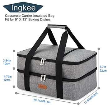 Ingkee Insulated Casserole Carrier Double Decker Thermal Tote Bag for Hot or Cold Food Transport Potluck Parties Picnic Cookouts Fits 9"x13" Baking Dish, Grey Double Compartment