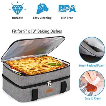 Ingkee Insulated Casserole Carrier Double Decker Thermal Tote Bag for Hot or Cold Food Transport Potluck Parties Picnic Cookouts Fits 9"x13" Baking Dish, Grey Double Compartment