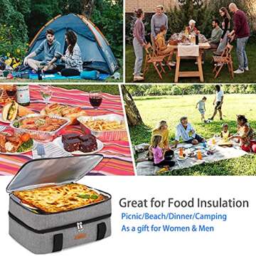 Ingkee Insulated Casserole Carrier Double Decker Thermal Tote Bag for Hot or Cold Food Transport Potluck Parties Picnic Cookouts Fits 9"x13" Baking Dish, Grey Double Compartment