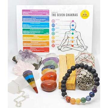 Pachamama Essentials Chakra Healing and Balancing Gift Set, Chakra Tumbled Stones, Lava Rock Bracelet, Pendulum, Selenite, Sage, Palo Santo. Meditation Chakra Kit