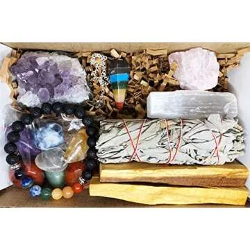 Pachamama Essentials Chakra Healing and Balancing Gift Set, Chakra Tumbled Stones, Lava Rock Bracelet, Pendulum, Selenite, Sage, Palo Santo. Meditation Chakra Kit