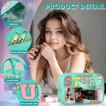 TESAFNG Chenille Letter Travel Makeup Bag, Preppy Patch Nylon Clear Cosmetic Tote with Handle and Zipper, Waterproof Large Snack & Stuff Bag Toiletry Storage Pouch for Women Girls (Green-Stuff)