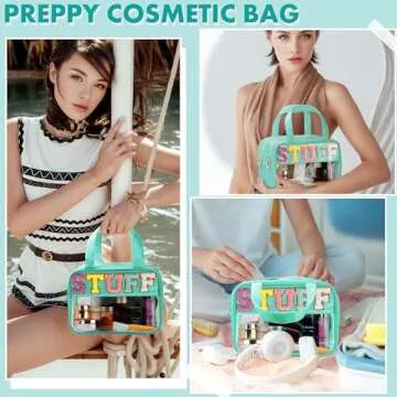 TESAFNG Chenille Letter Travel Makeup Bag, Preppy Patch Nylon Clear Cosmetic Tote with Handle and Zipper, Waterproof Large Snack & Stuff Bag Toiletry Storage Pouch for Women Girls (Green-Stuff)