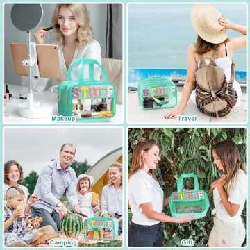 TESAFNG Chenille Letter Travel Makeup Bag, Preppy Patch Nylon Clear Cosmetic Tote with Handle and Zipper, Waterproof Large Snack & Stuff Bag Toiletry Storage Pouch for Women Girls (Green-Stuff)