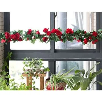 2 Pack (16FT) Artificial Rose Vine Flowers Plants Fake Flower Vine for Wedding Home Garden Craft Art Decor Valentine's Day Mother's Day Party Decoration Red