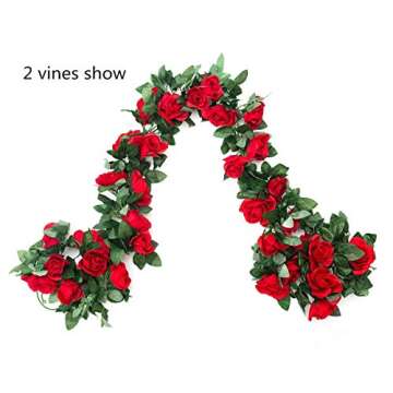 2 Pack (16FT) Artificial Rose Vine Flowers Plants Fake Flower Vine for Wedding Home Garden Craft Art Decor Valentine's Day Mother's Day Party Decoration Red
