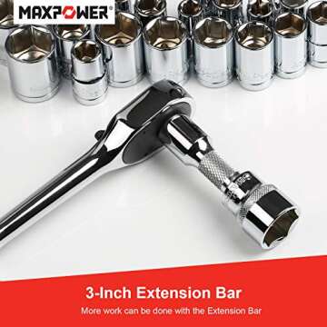 MAXPOWER 22pcs 1/2-inch Ratcheting Socket Wrench Set - Pro Grade 72 Teeth Quick Release Reversible Ratchet Half-inch Handle with Metric, Inch Sockets and 3-Inch Extension Bar