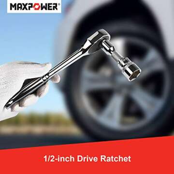 MAXPOWER 22pcs 1/2-inch Ratcheting Socket Wrench Set - Pro Grade 72 Teeth Quick Release Reversible Ratchet Half-inch Handle with Metric, Inch Sockets and 3-Inch Extension Bar